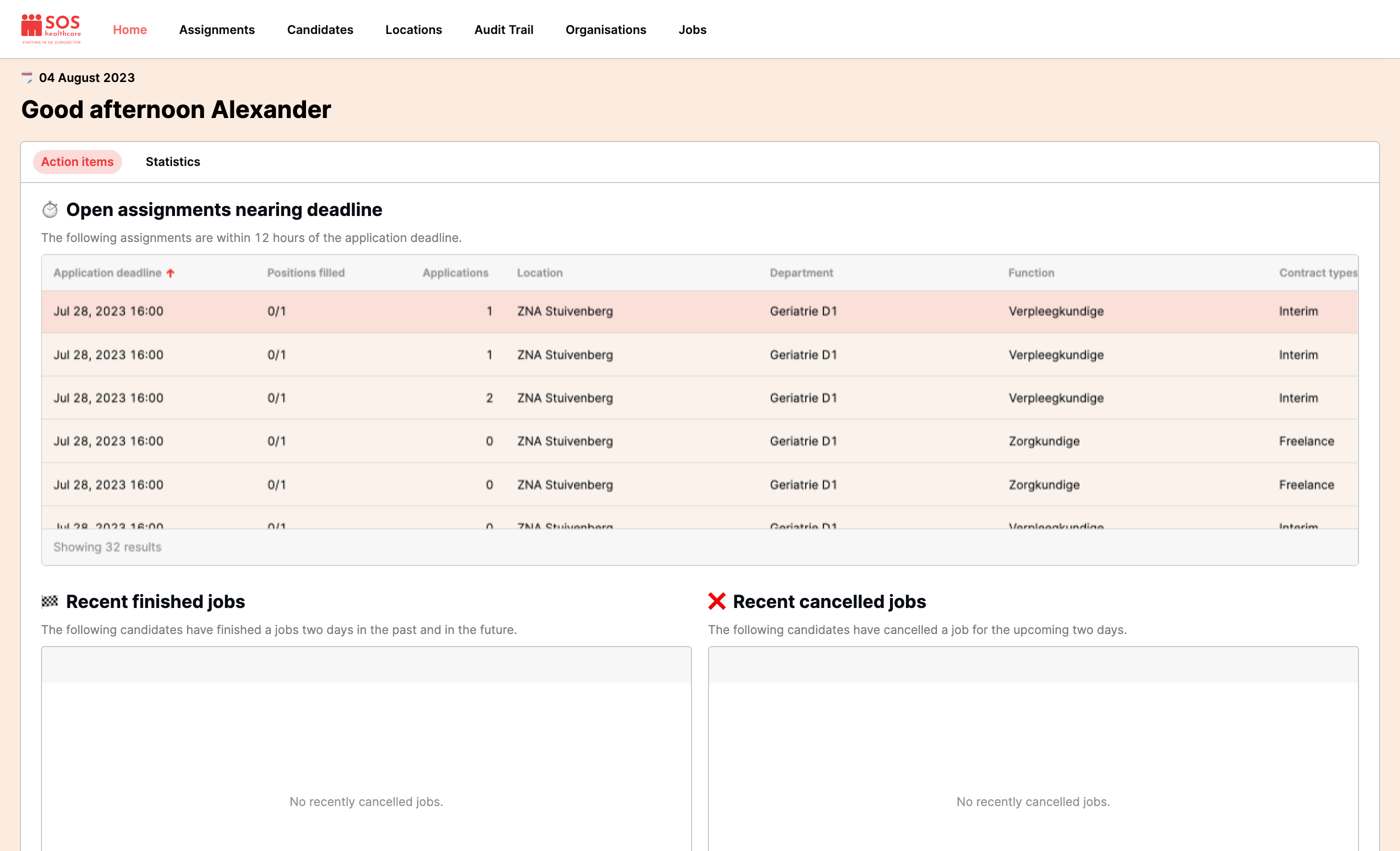 Dashboard with open assignments nearing their deadline