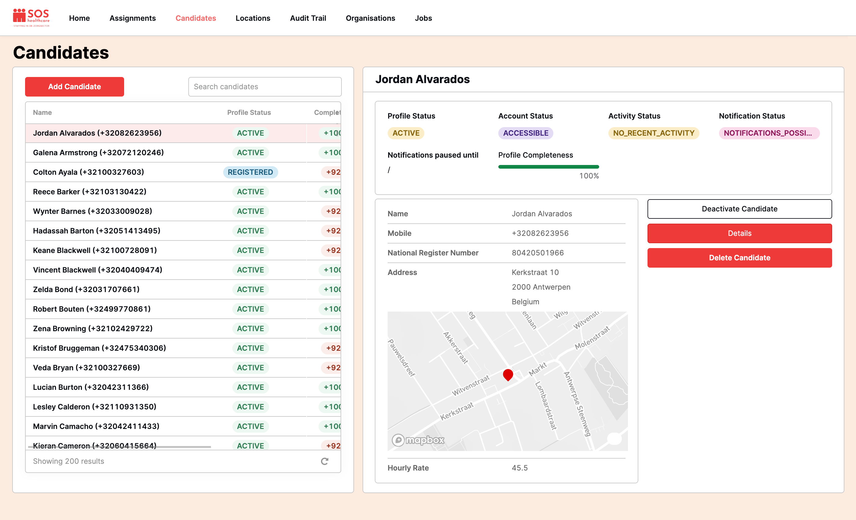 Candidate overview with profile status and contact details