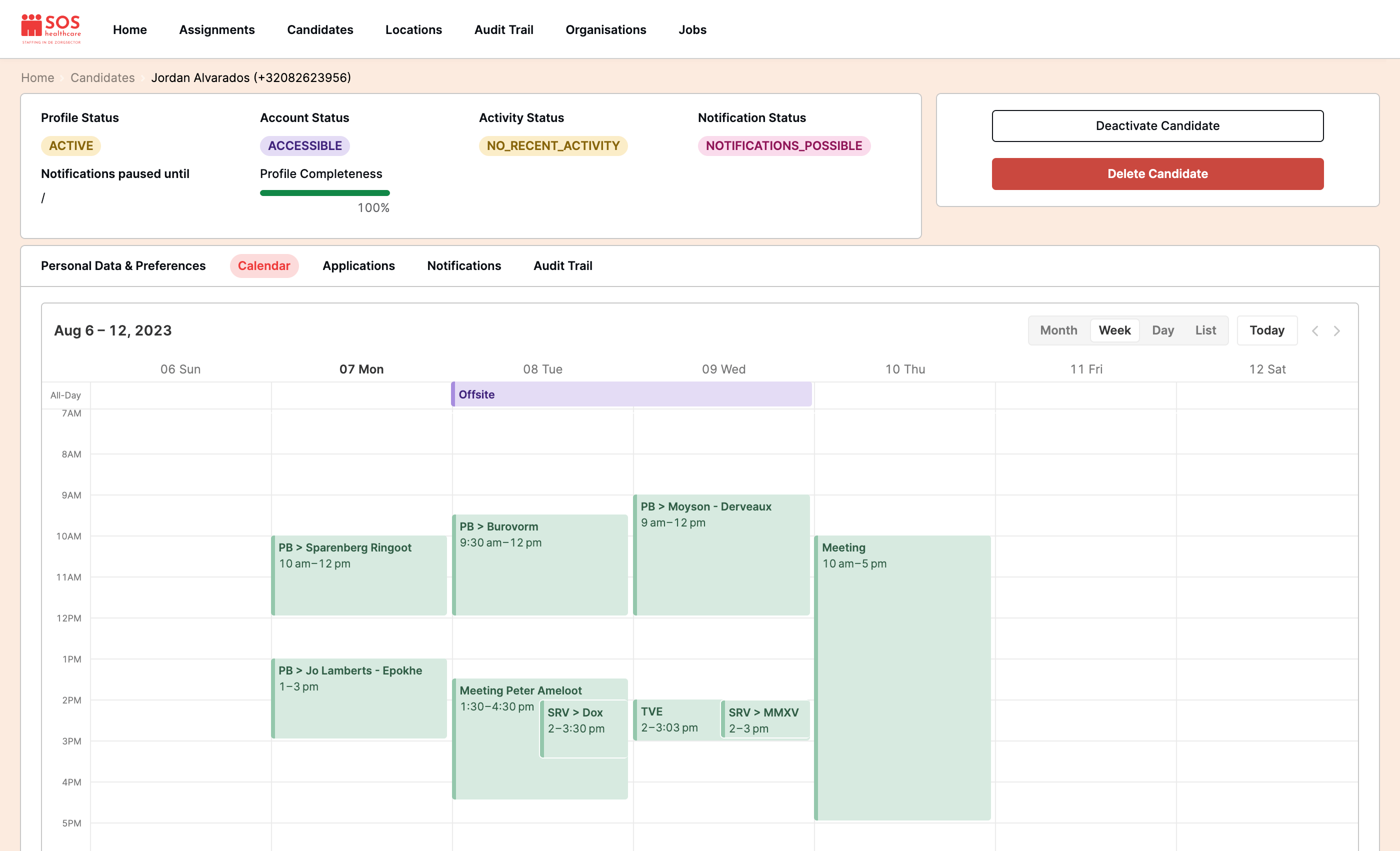Candidate calendar with planned assignments