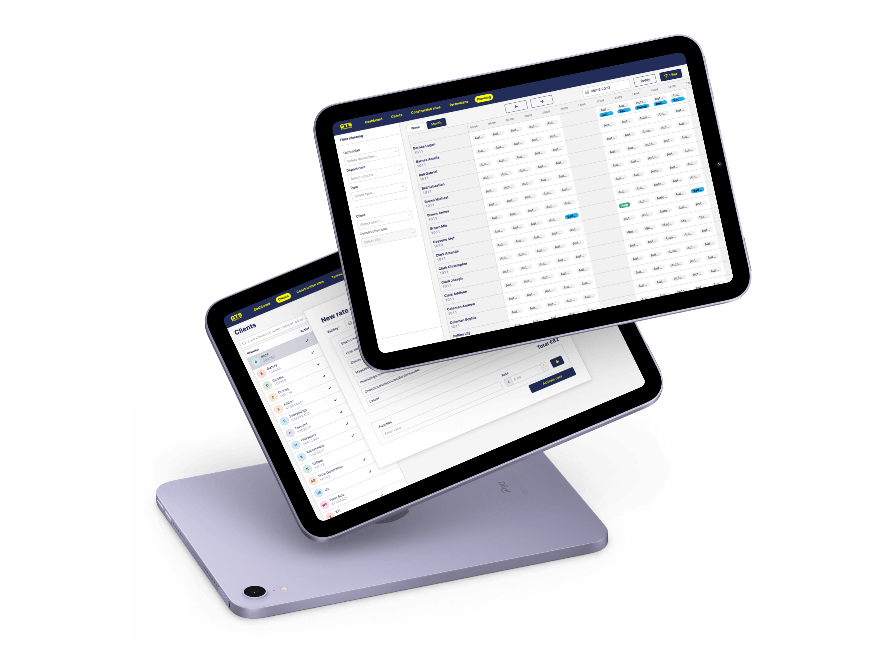The GTS Projects planning tool and CRM on two tablets