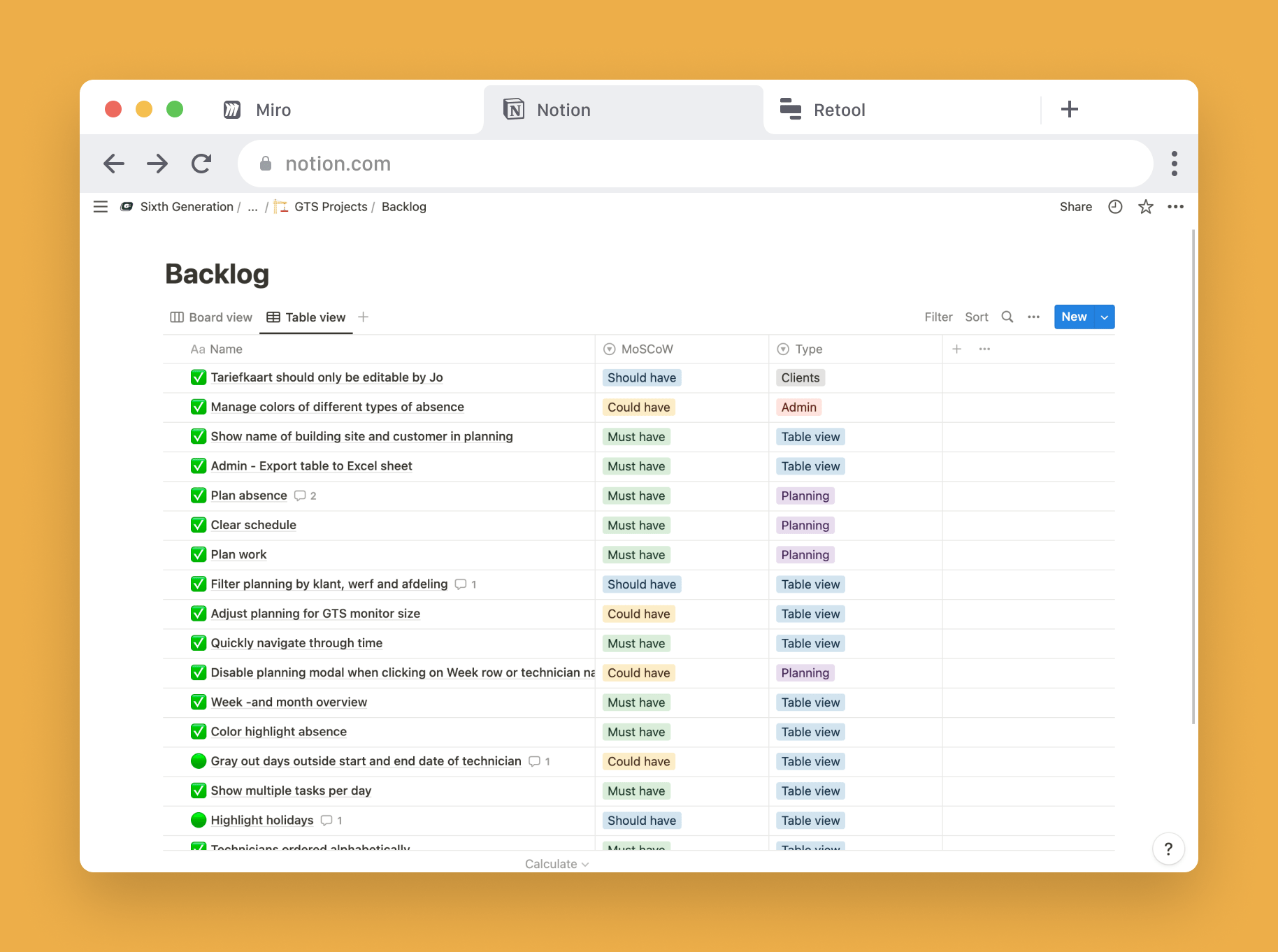 Feature backlog in Notion