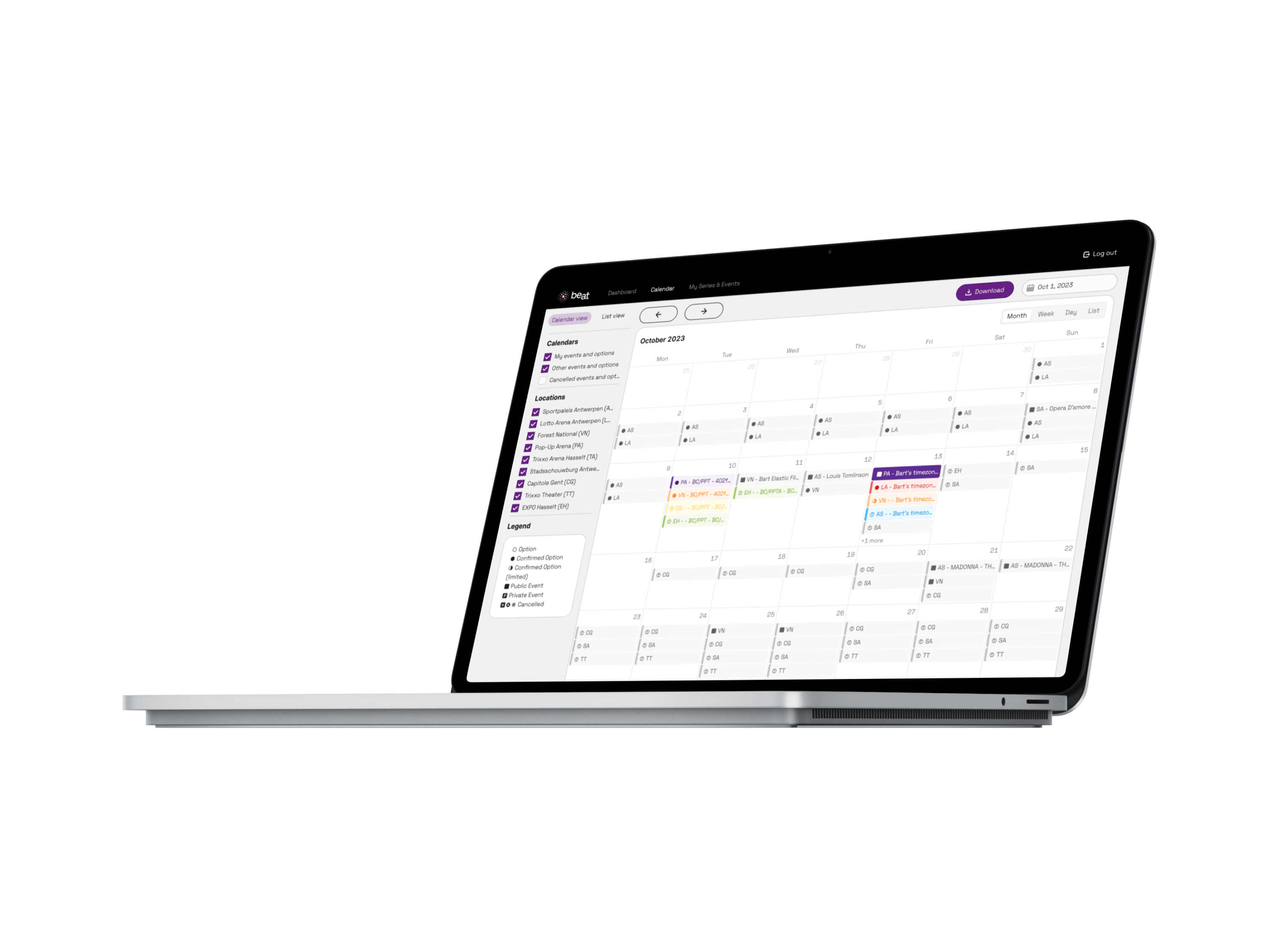The be•at Promotor Portal calendar on a laptop