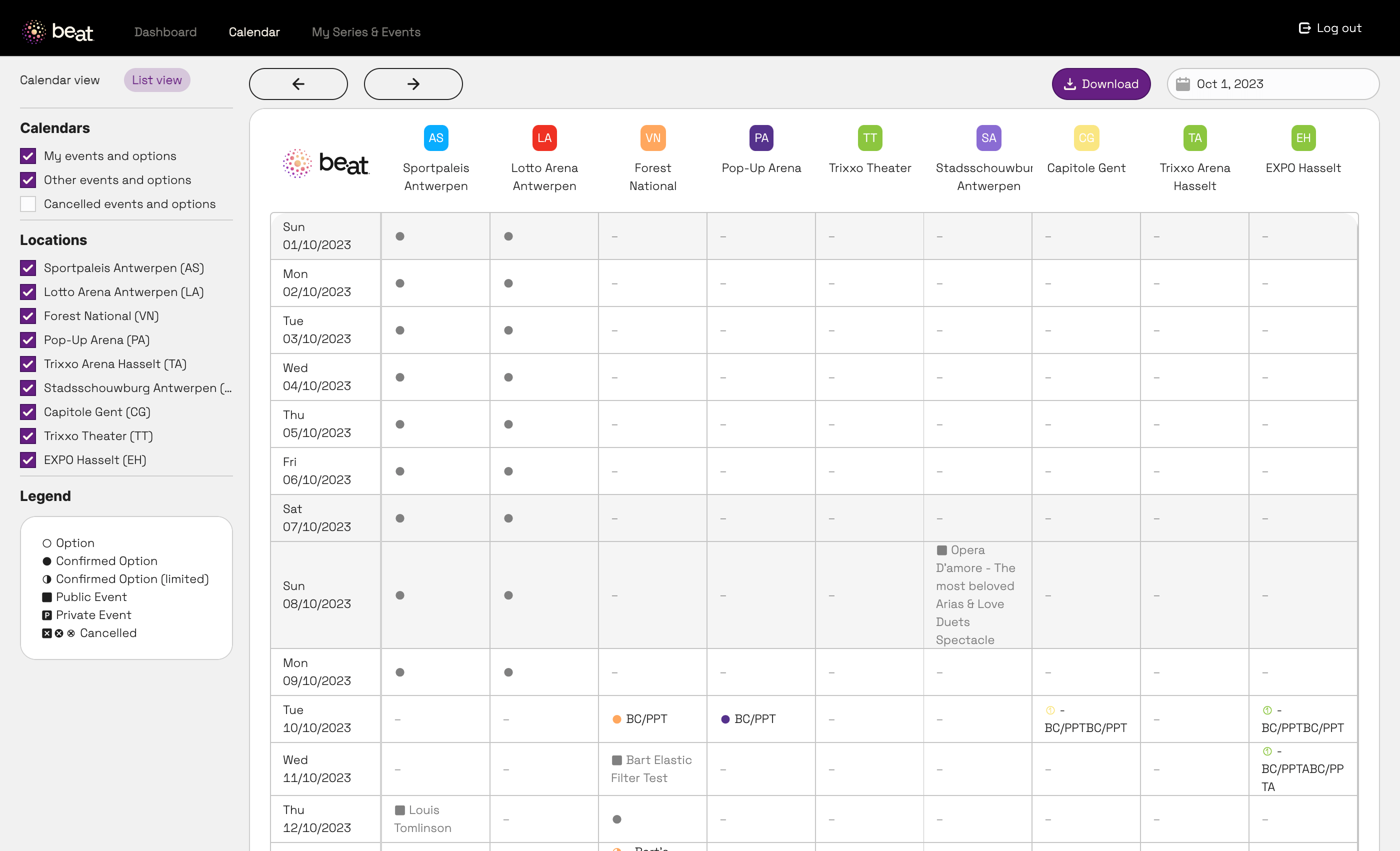 Calendar of options per day across all be•at venues
