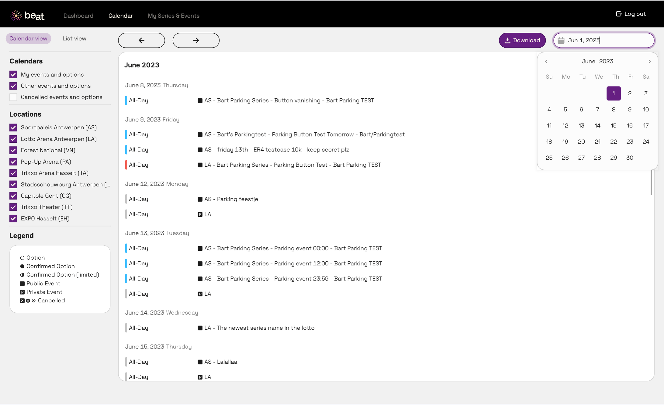 Calendar list view of events, filtered by venue