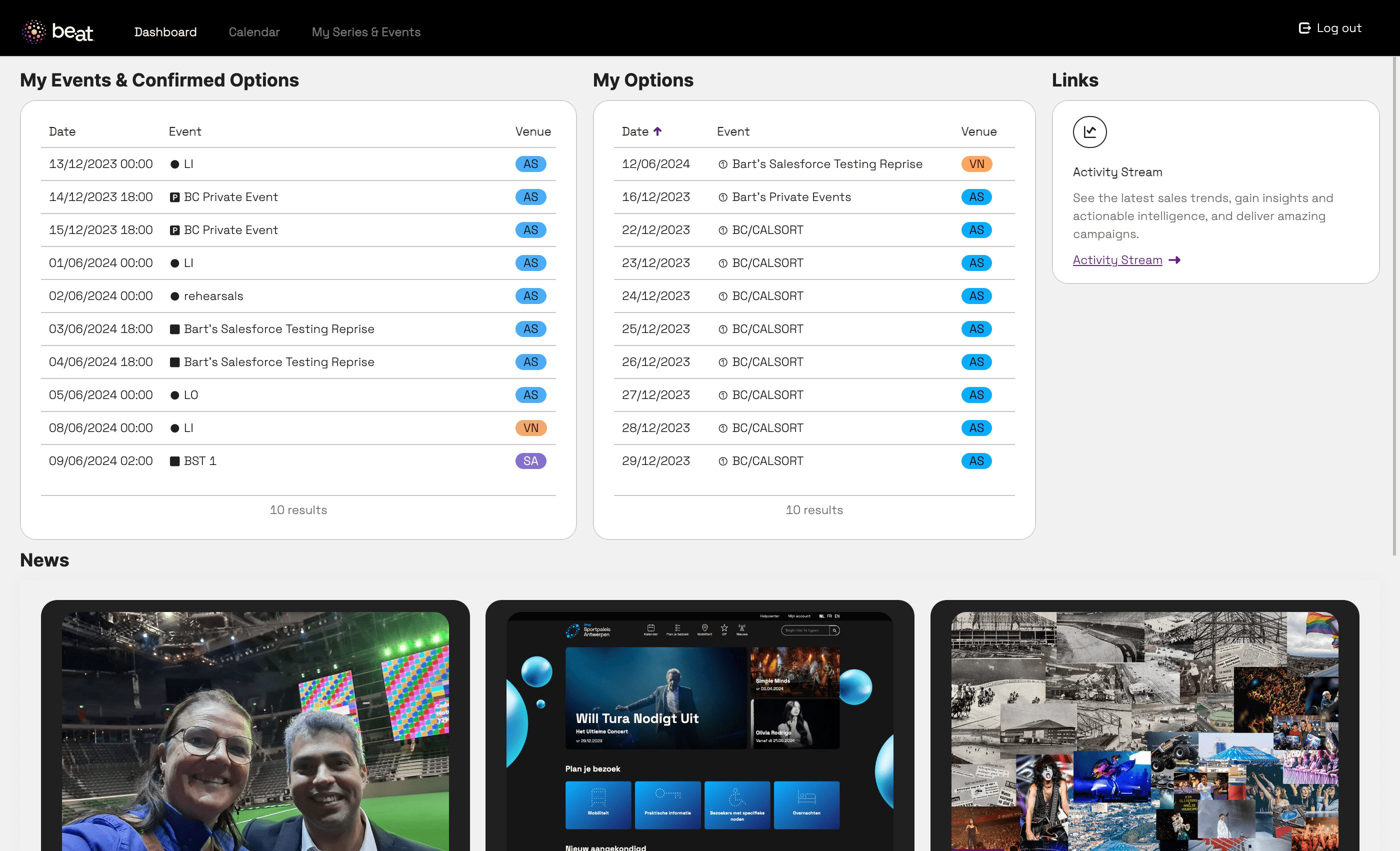 Promotor dashboard with events, options and venue news