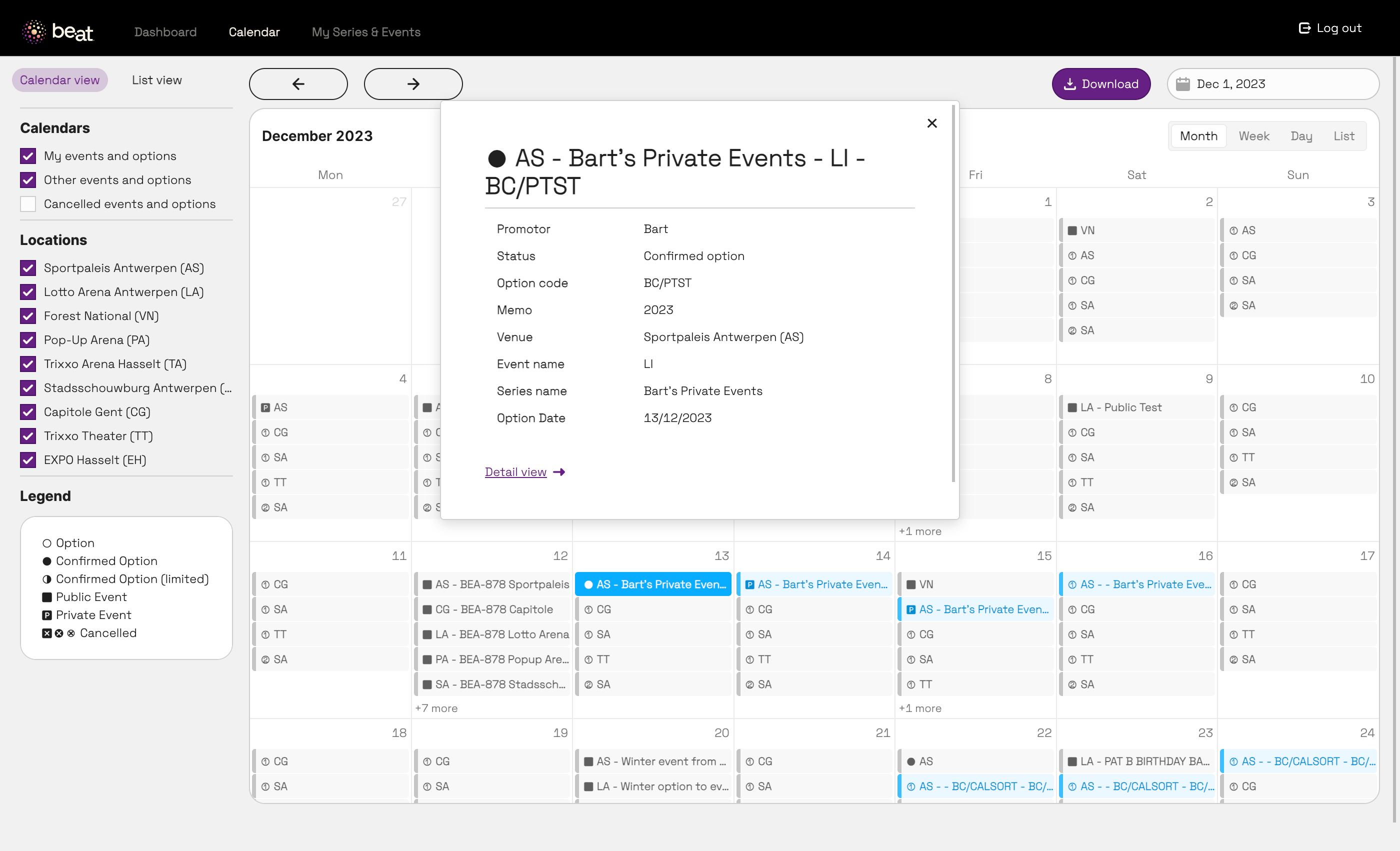 Monthly calendar with the details of a confirmed option