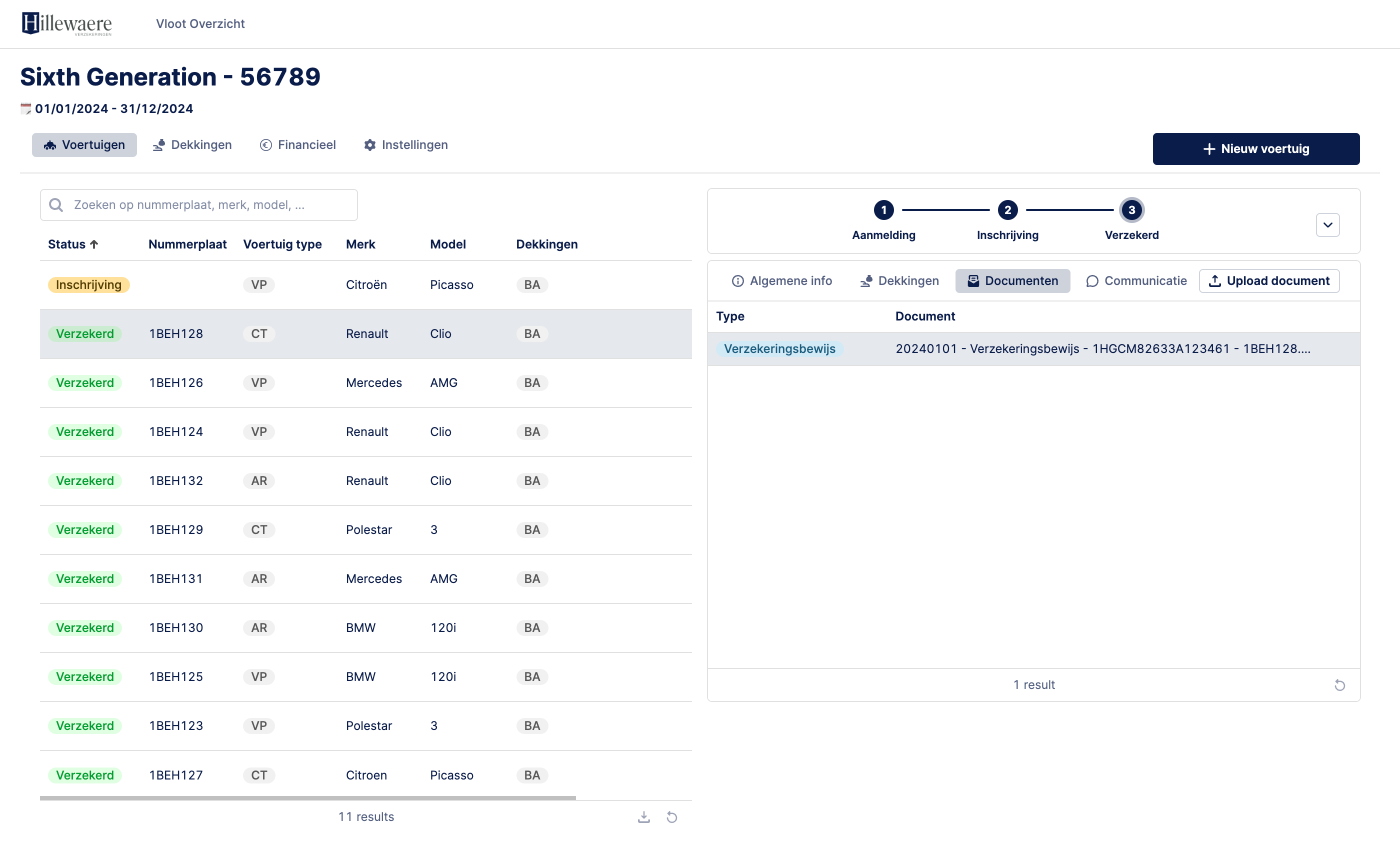 Fleet overview with the insurance certificate of a vehicle
