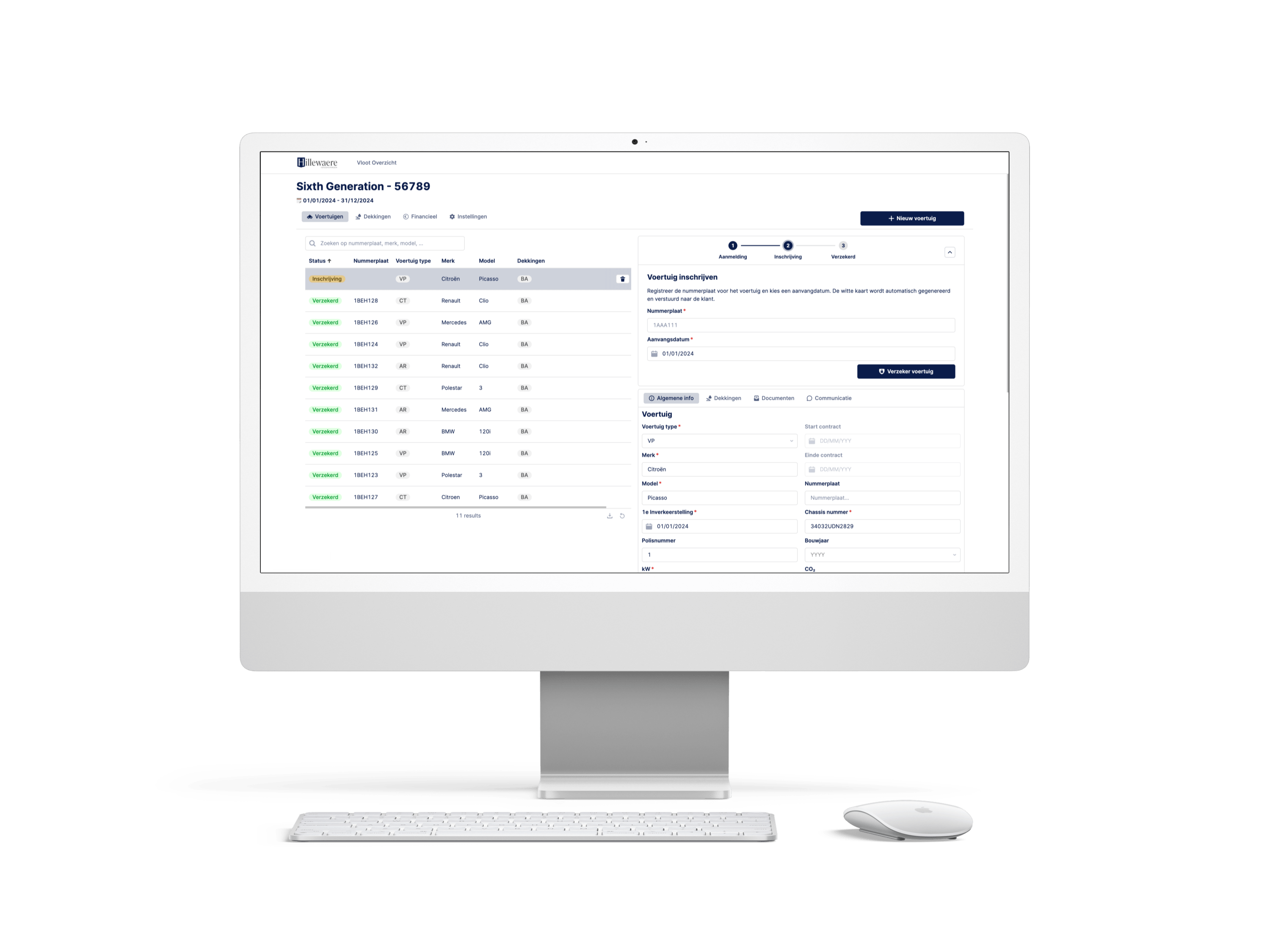 The Hillewaere fleet insurance portal on a desktop screen