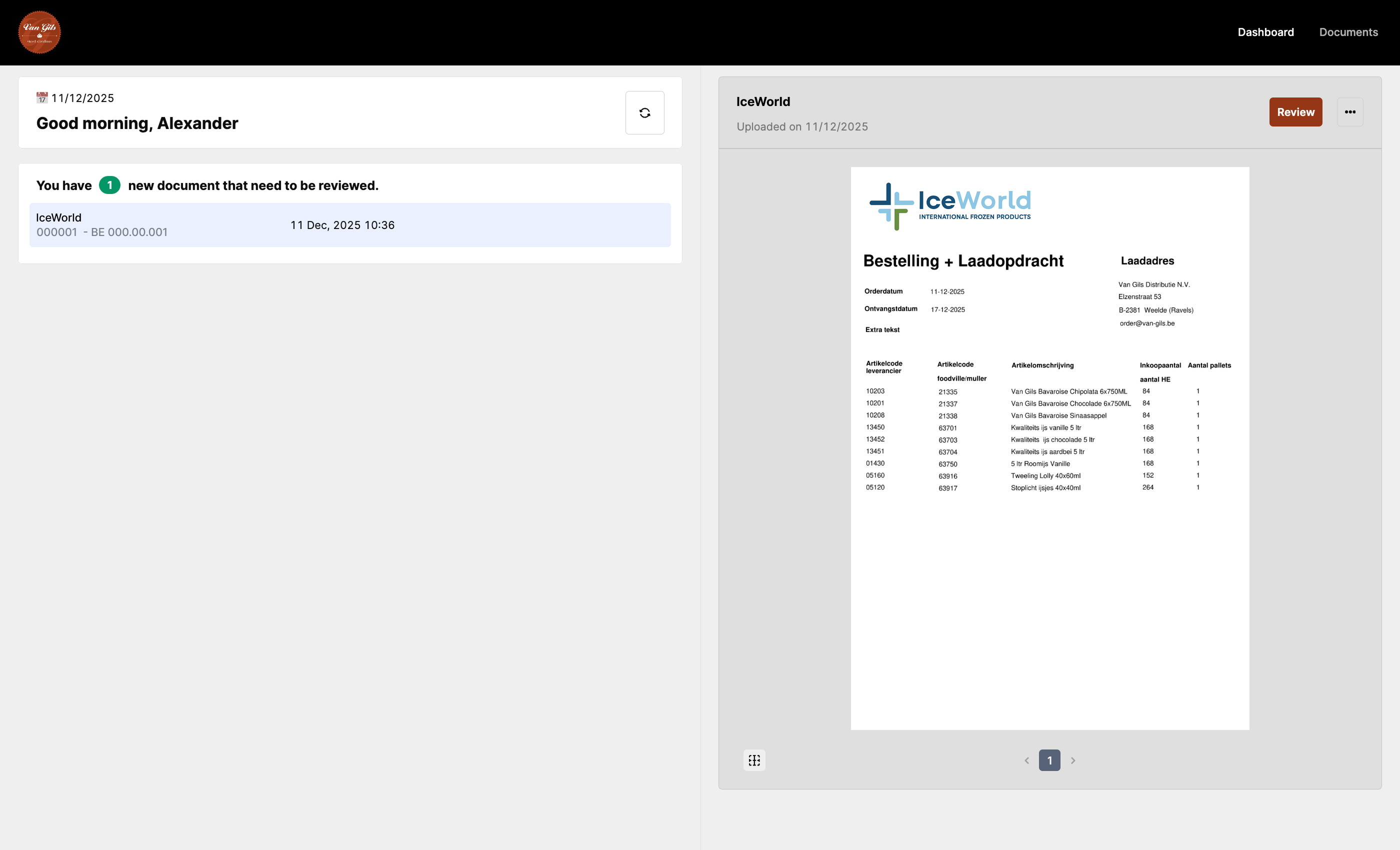 Dashboard with a new purchase order waiting for review