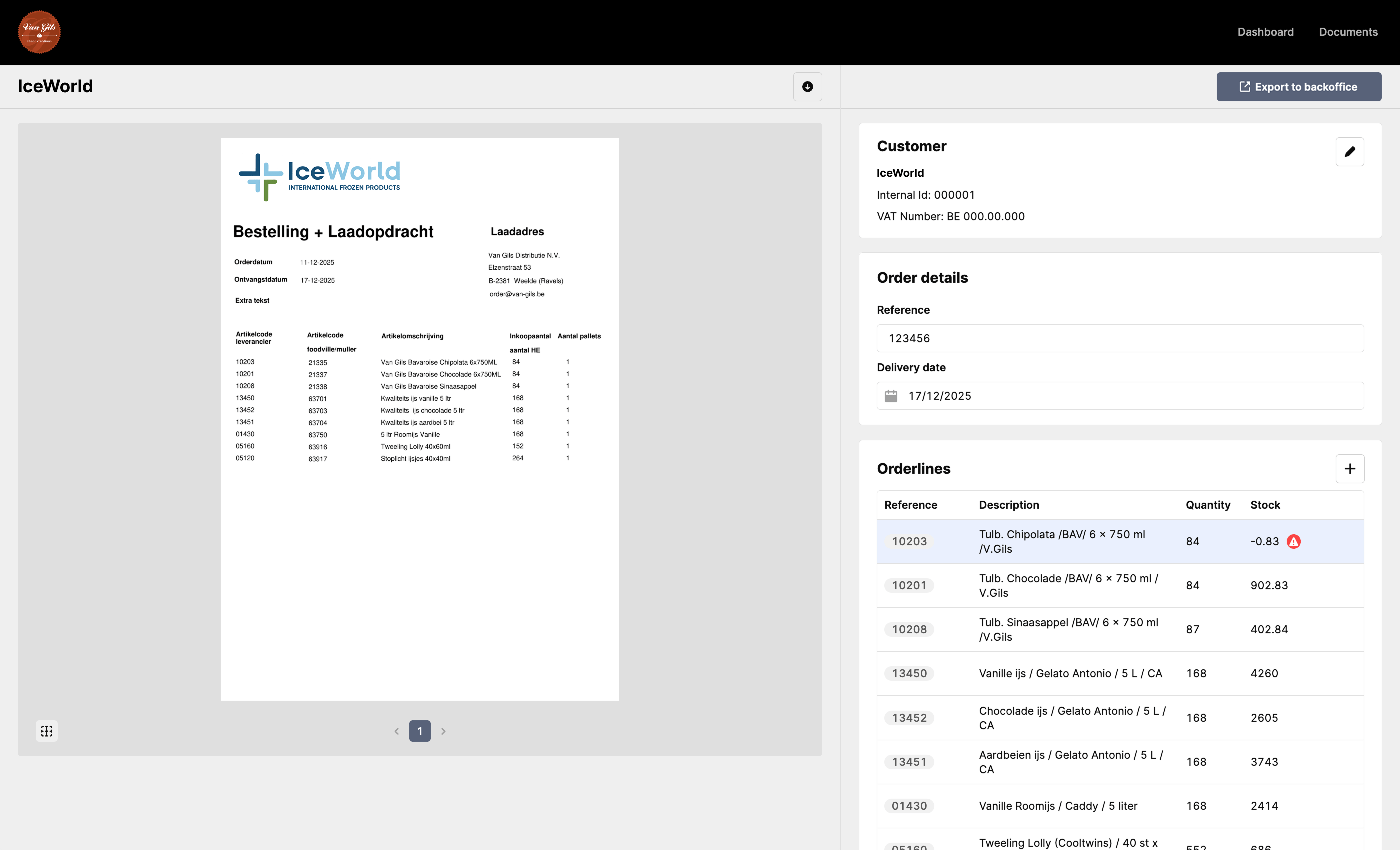 A purchase order beside its extracted customer, order details and order lines